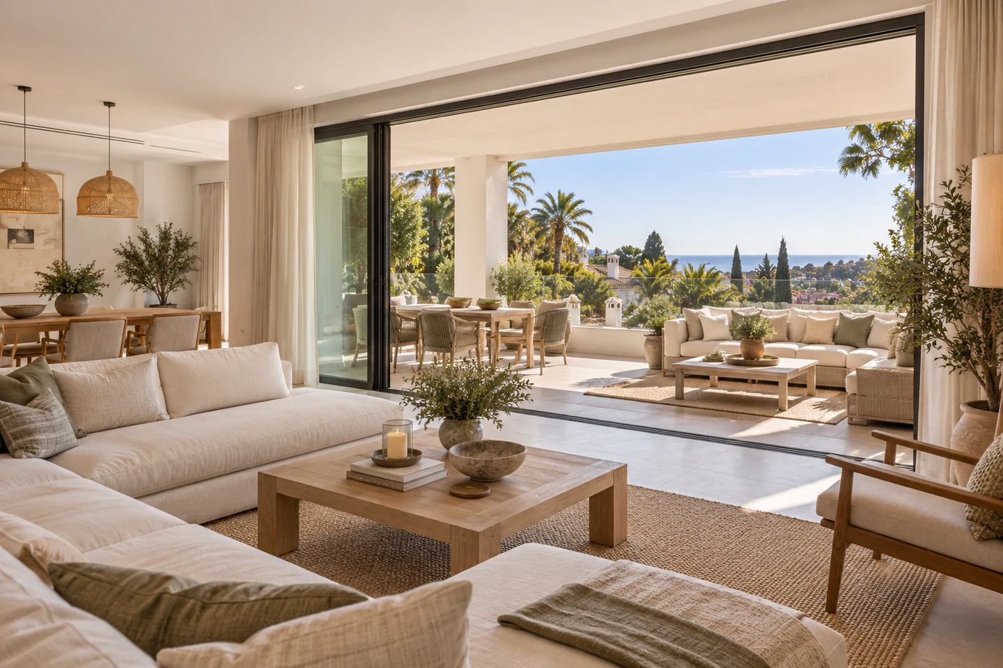 Illustrative apartment living room opening onto a furnished terrace