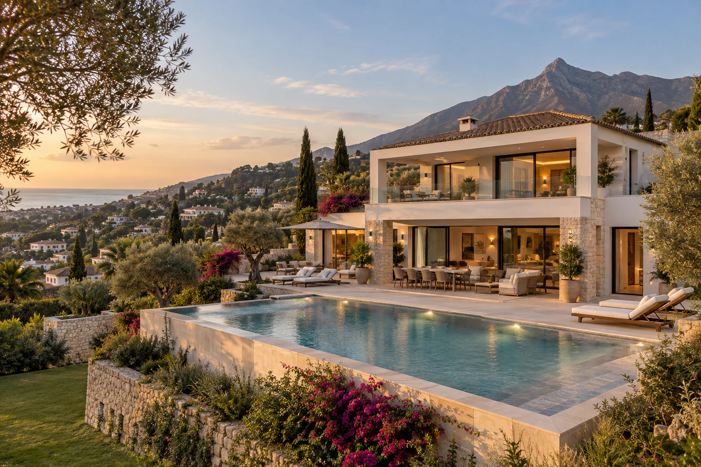 Illustrative Mediterranean villa with a pool, terraces and mountain views